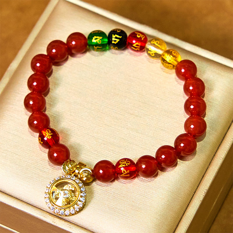 Pulsera de autoaceptación con Buddha Stones, ágata roja, Om Mani Padme Hum, cinco direcciones, dioses de la riqueza, circón y dije ciclónico.