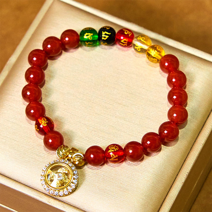 Pulsera de autoaceptación con Buddha Stones, ágata roja, Om Mani Padme Hum, cinco direcciones, dioses de la riqueza, circón y dije ciclónico.