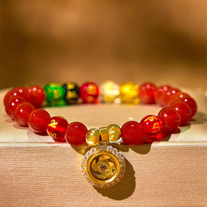 Pulsera de autoaceptación con Buddha Stones, ágata roja, Om Mani Padme Hum, cinco direcciones, dioses de la riqueza, circón y dije ciclónico.