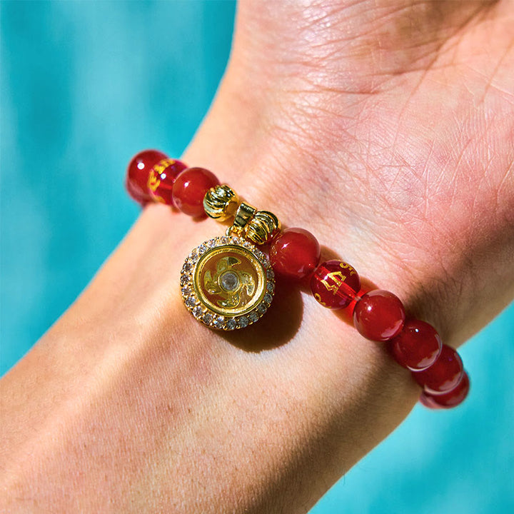 Pulsera de autoaceptación con Buddha Stones, ágata roja, Om Mani Padme Hum, cinco direcciones, dioses de la riqueza, circón y dije ciclónico.