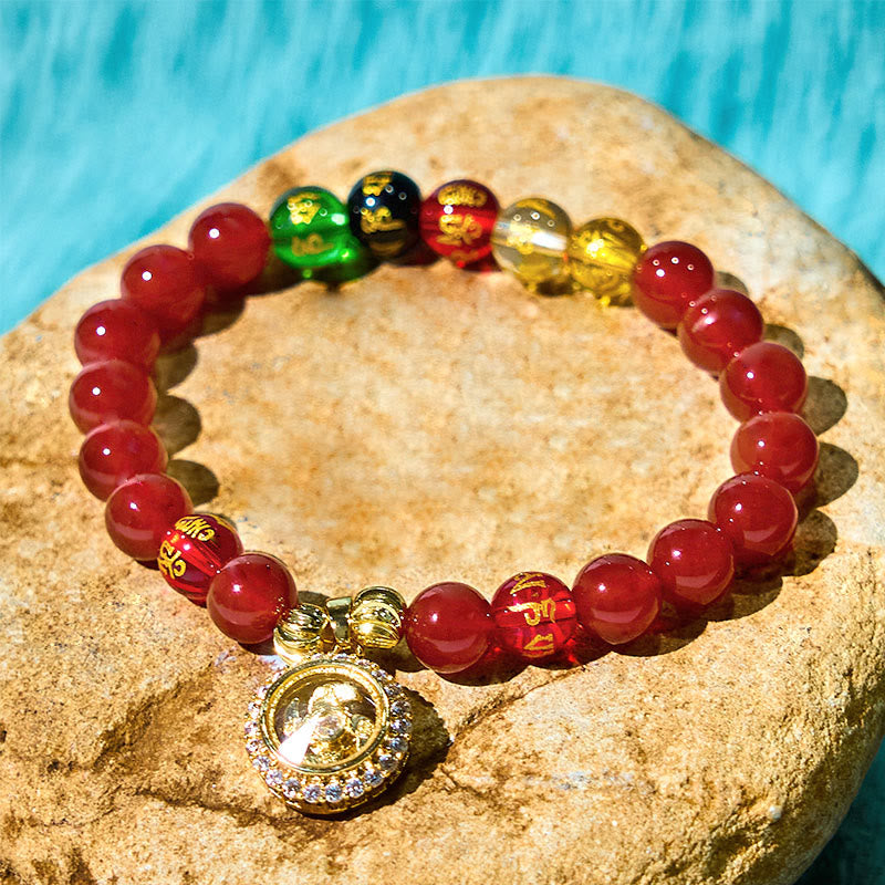 Pulsera de autoaceptación con Buddha Stones, ágata roja, Om Mani Padme Hum, cinco direcciones, dioses de la riqueza, circón y dije ciclónico.