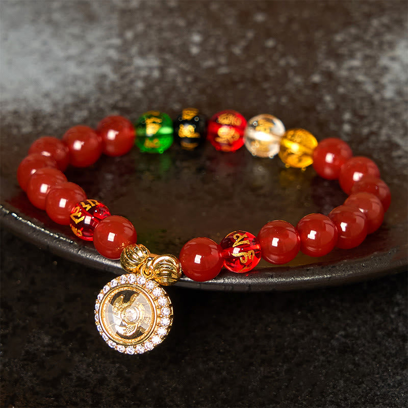 Pulsera de autoaceptación con Buddha Stones, ágata roja, Om Mani Padme Hum, cinco direcciones, dioses de la riqueza, circón y dije ciclónico.