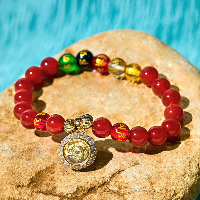 Pulsera de autoaceptación con Buddha Stones, ágata roja, Om Mani Padme Hum, cinco direcciones, dioses de la riqueza, circón y dije ciclónico.