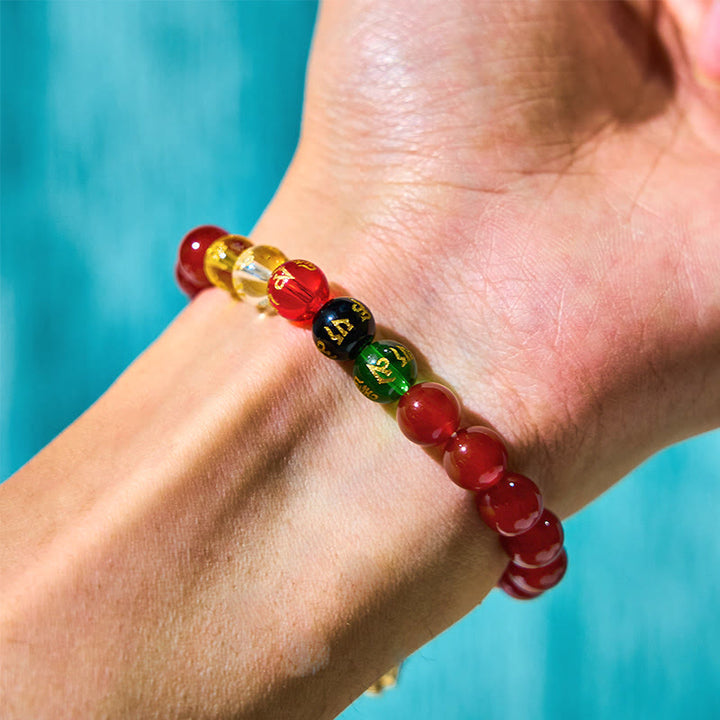 Pulsera de autoaceptación con Buddha Stones, ágata roja, Om Mani Padme Hum, cinco direcciones, dioses de la riqueza, circón y dije ciclónico.