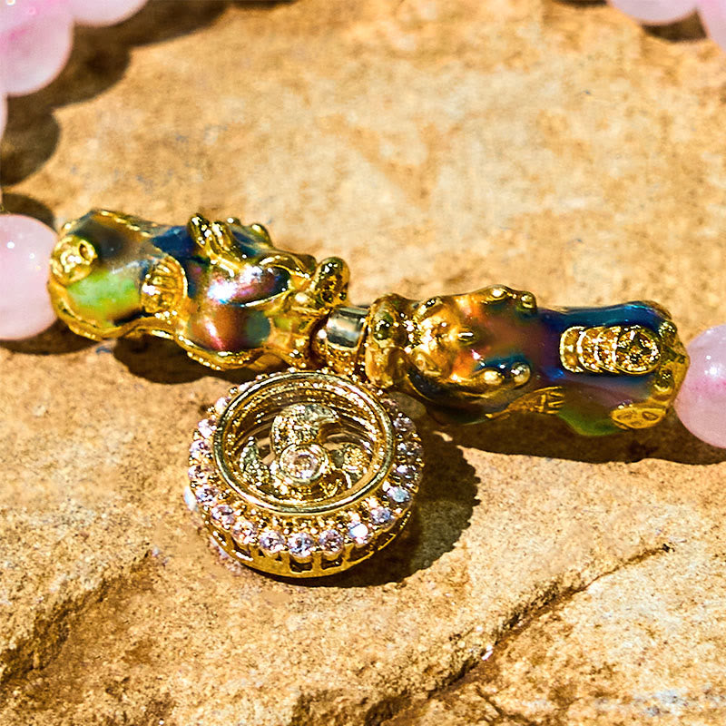 Pulsera cálida con dije de ciclón PiXiu doble que cambia de color con cristales rosas de Buddha Stones