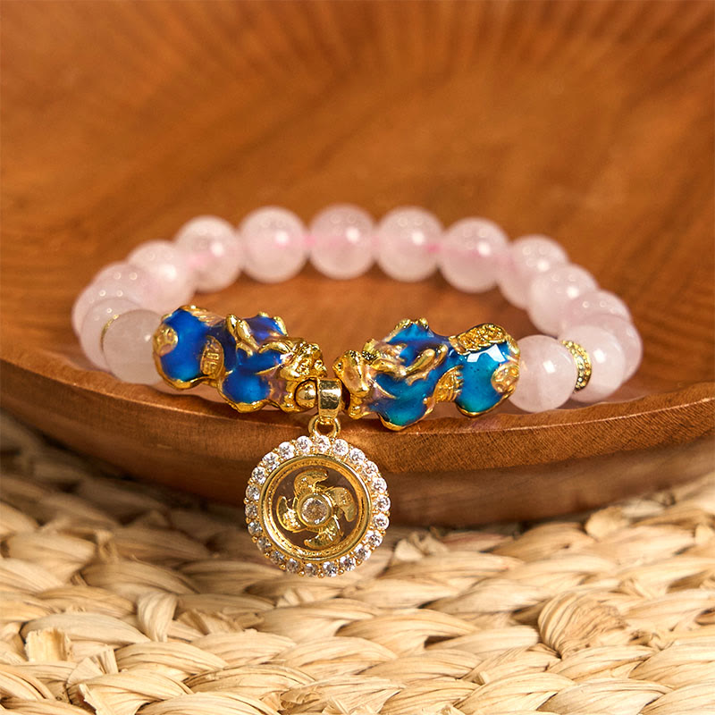 Pulsera cálida con dije de ciclón PiXiu doble que cambia de color con cristales rosas de Buddha Stones - Pixiu de cristal rosa (circunferencia de la muñeca: 15-17 cm) - image 0
