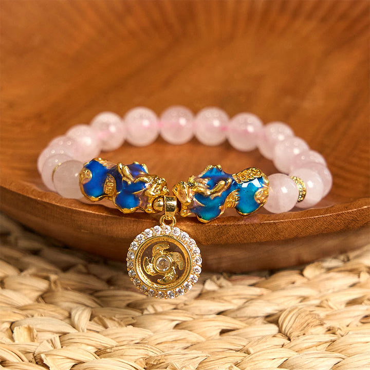 Pulsera cálida con dije de ciclón PiXiu doble que cambia de color con cristales rosas de Buddha Stones - Pixiu de cristal rosa (circunferencia de la muñeca: 15-17 cm) - image 0