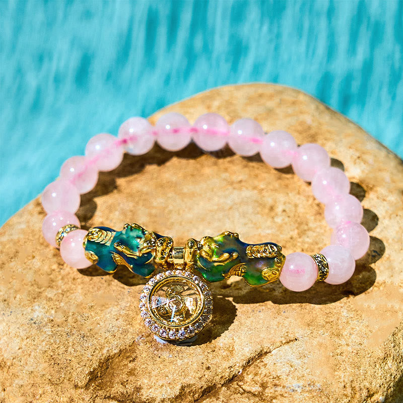 Pulsera cálida con dije de ciclón PiXiu doble que cambia de color con cristales rosas de Buddha Stones