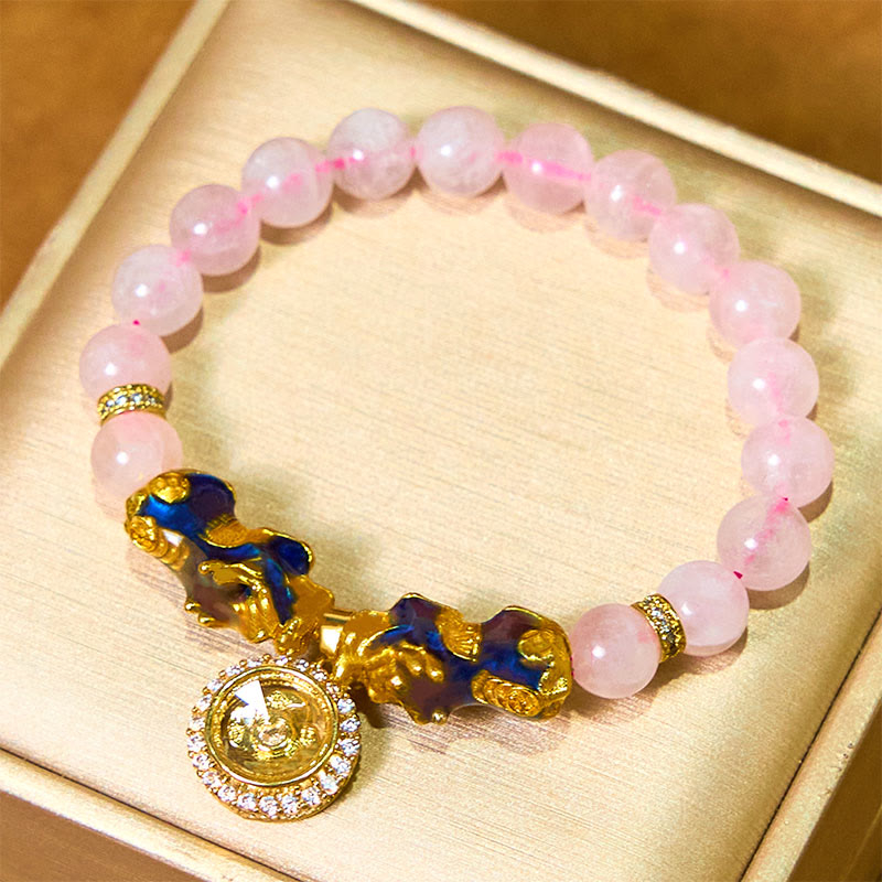 Pulsera cálida con dije de ciclón PiXiu doble que cambia de color con cristales rosas de Buddha Stones