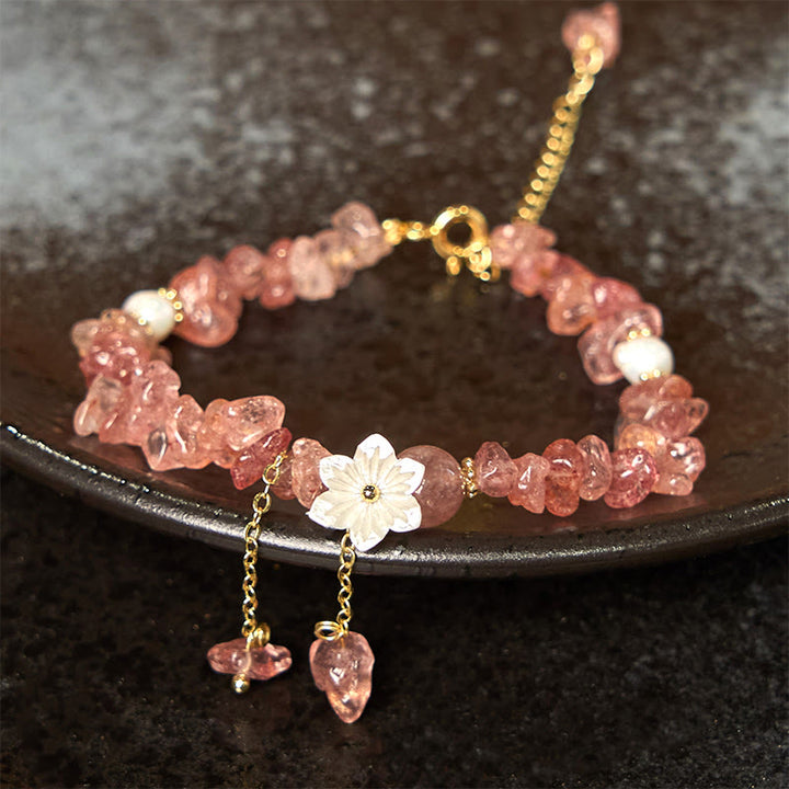 Pulsera curativa con flores de cristal Super Seven y cuarzo fresa natural y cuarzo fresa verde de Buddha Stones