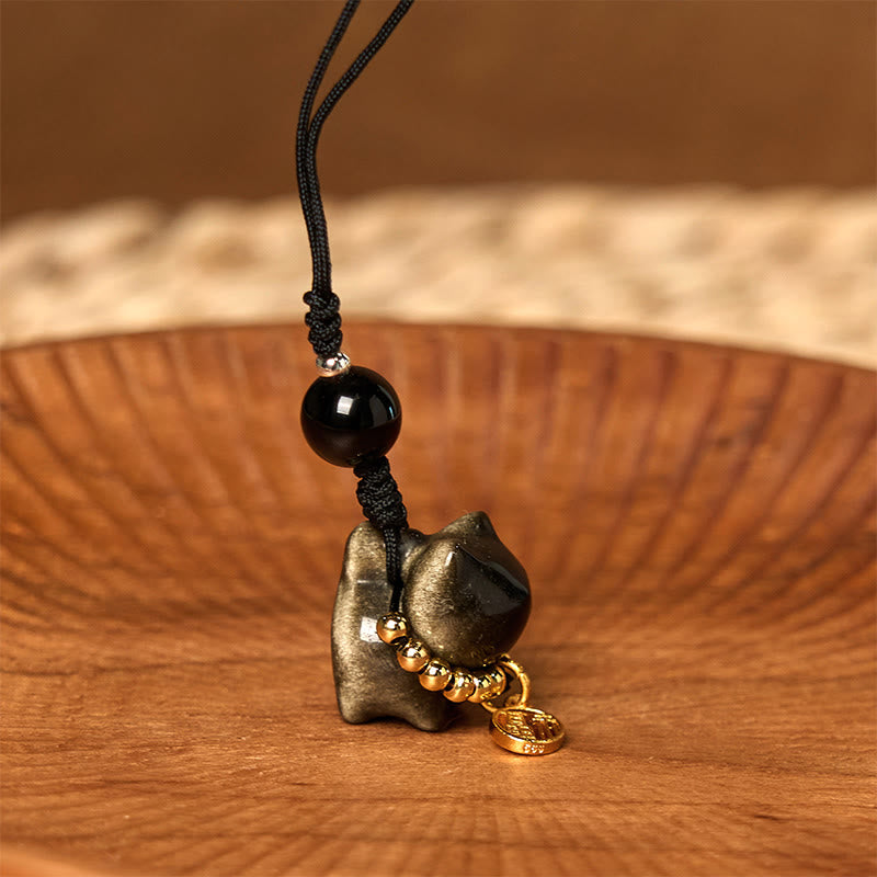Buddha Stones, obsidiana plateada brillante, obsidiana negra, obsidiana dorada brillante, lindo gato Fu, llavero protector, decoración colgante para teléfono. - Adorno colgante para teléfono de obsidiana con brillo dorado - image 20