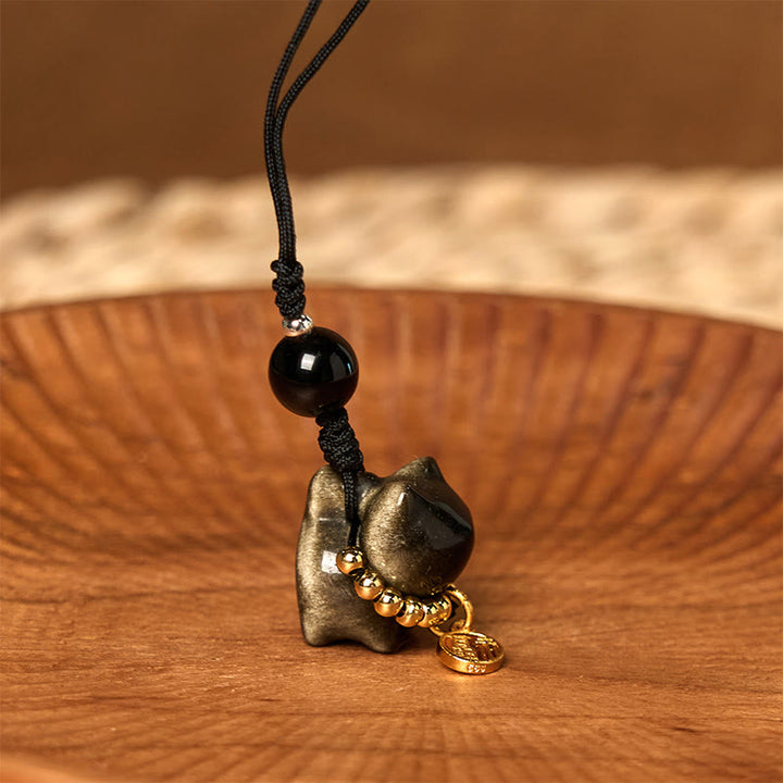 Buddha Stones, obsidiana plateada brillante, obsidiana negra, obsidiana dorada brillante, lindo gato Fu, llavero protector, decoración colgante para teléfono. - Adorno colgante para teléfono de obsidiana con brillo dorado - image 20