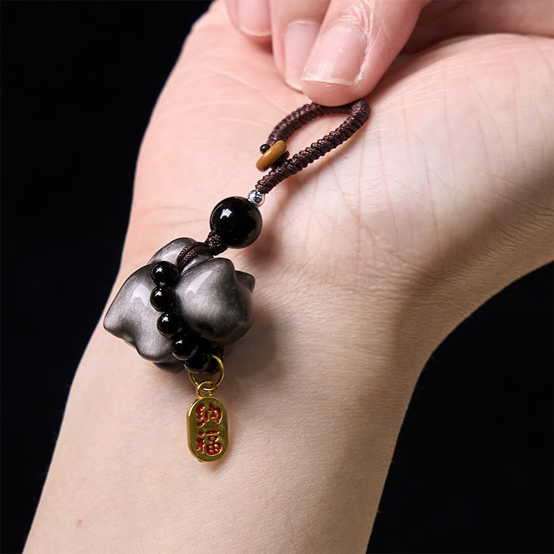 Buddha Stones, obsidiana plateada brillante, obsidiana negra, obsidiana dorada brillante, lindo gato Fu, llavero protector, decoración colgante para teléfono. - image 4
