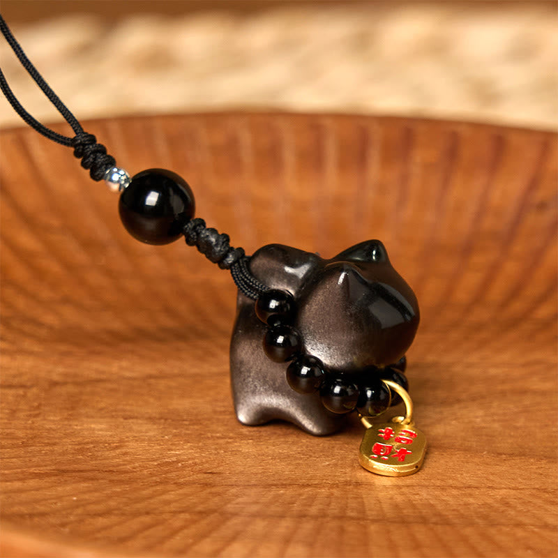 Buddha Stones, obsidiana plateada brillante, obsidiana negra, obsidiana dorada brillante, lindo gato Fu, llavero protector, decoración colgante para teléfono. - image 15