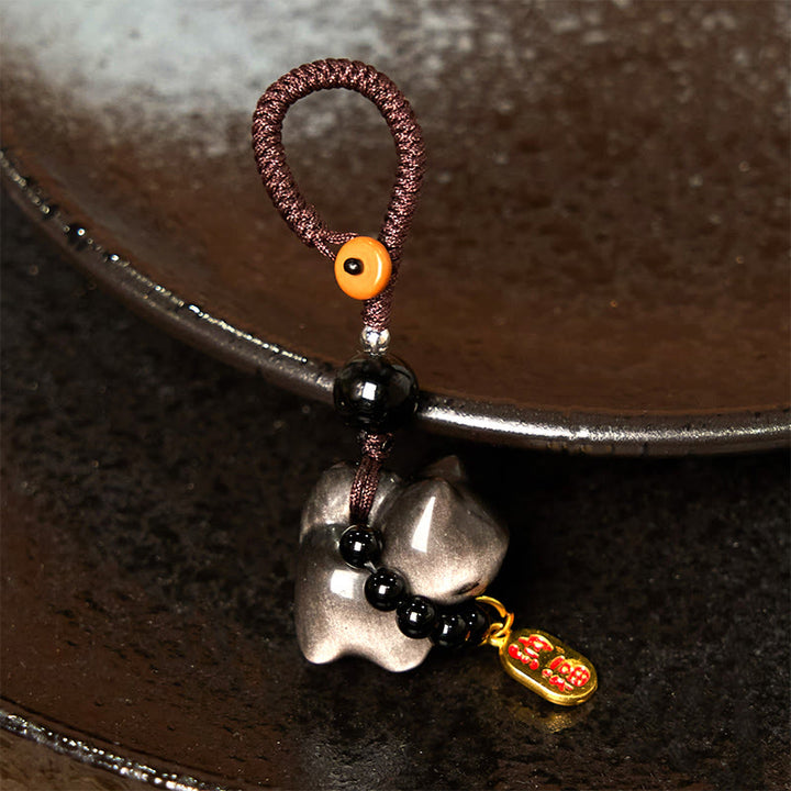 Buddha Stones, obsidiana plateada brillante, obsidiana negra, obsidiana dorada brillante, lindo gato Fu, llavero protector, decoración colgante para teléfono. - image 10
