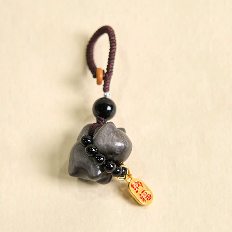 Buddha Stones, obsidiana plateada brillante, obsidiana negra, obsidiana dorada brillante, lindo gato Fu, llavero protector, decoración colgante para teléfono. - image 2