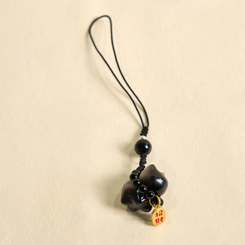 Buddha Stones, obsidiana plateada brillante, obsidiana negra, obsidiana dorada brillante, lindo gato Fu, llavero protector, decoración colgante para teléfono. - image 13