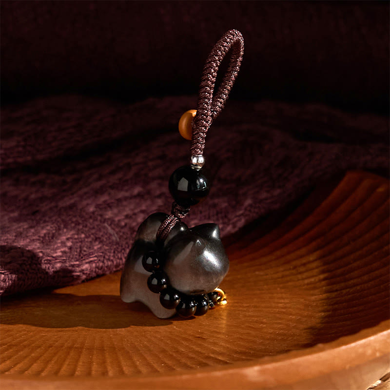 Buddha Stones, obsidiana plateada brillante, obsidiana negra, obsidiana dorada brillante, lindo gato Fu, llavero protector, decoración colgante para teléfono. - image 9