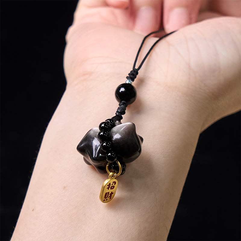 Buddha Stones, obsidiana plateada brillante, obsidiana negra, obsidiana dorada brillante, lindo gato Fu, llavero protector, decoración colgante para teléfono. - image 16