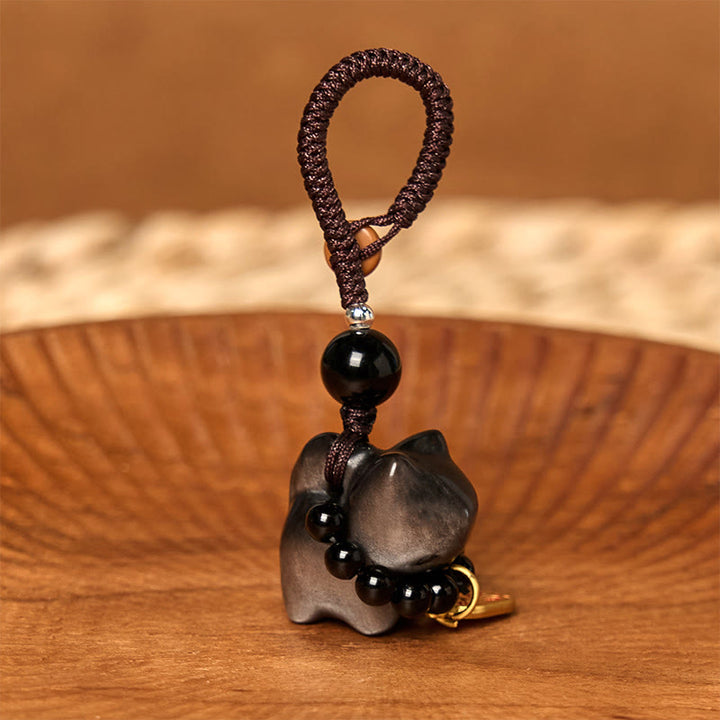 Buddha Stones, obsidiana plateada brillante, obsidiana negra, obsidiana dorada brillante, lindo gato Fu, llavero protector, decoración colgante para teléfono. - image 3