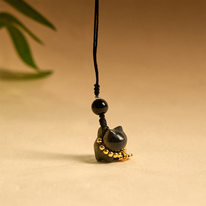 Buddha Stones, obsidiana plateada brillante, obsidiana negra, obsidiana dorada brillante, lindo gato Fu, llavero protector, decoración colgante para teléfono. - image 19