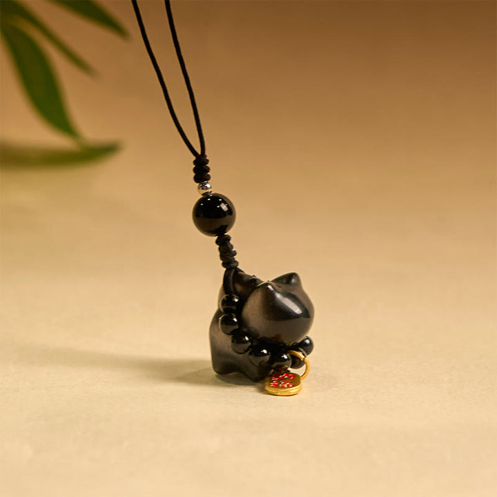 Buddha Stones, obsidiana plateada brillante, obsidiana negra, obsidiana dorada brillante, lindo gato Fu, llavero protector, decoración colgante para teléfono. - Adorno colgante para teléfono de obsidiana con brillo plateado - image 11