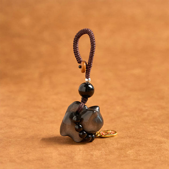 Buddha Stones, obsidiana plateada brillante, obsidiana negra, obsidiana dorada brillante, lindo gato Fu, llavero protector, decoración colgante para teléfono. - image 8