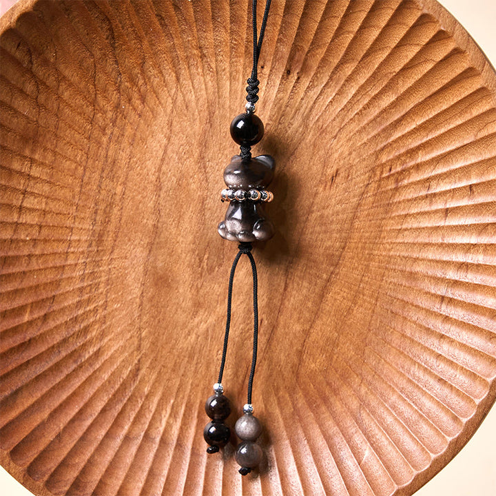 Adorno colgante para teléfono con forma de gato, obsidiana, con brillo plateado natural, de Buda, piedra, para relajarse. - image 6