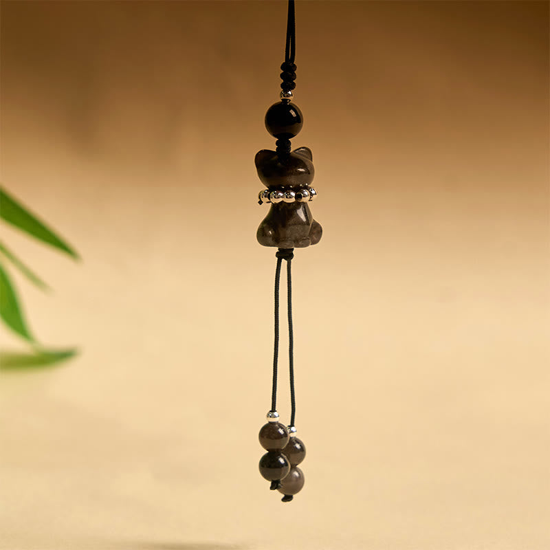 Adorno colgante para teléfono con forma de gato, obsidiana, con brillo plateado natural, de Buda, piedra, para relajarse. - image 2