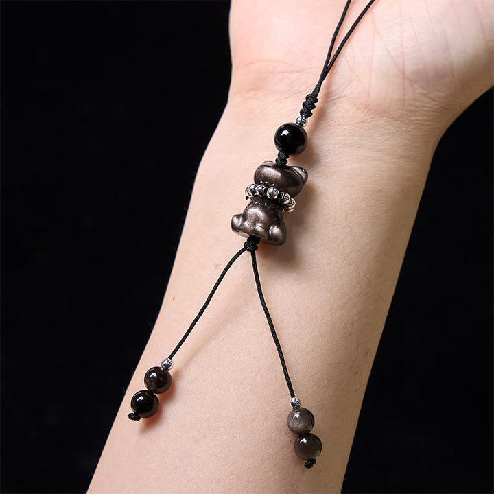 Adorno colgante para teléfono con forma de gato, obsidiana, con brillo plateado natural, de Buda, piedra, para relajarse. - image 5