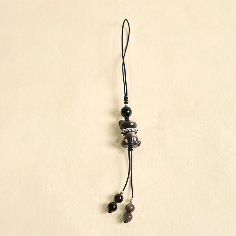 Adorno colgante para teléfono con forma de gato, obsidiana, con brillo plateado natural, de Buda, piedra, para relajarse. - image 3