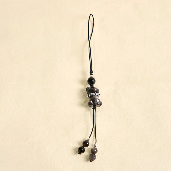 Adorno colgante para teléfono con forma de gato, obsidiana, con brillo plateado natural, de Buda, piedra, para relajarse. - image 3