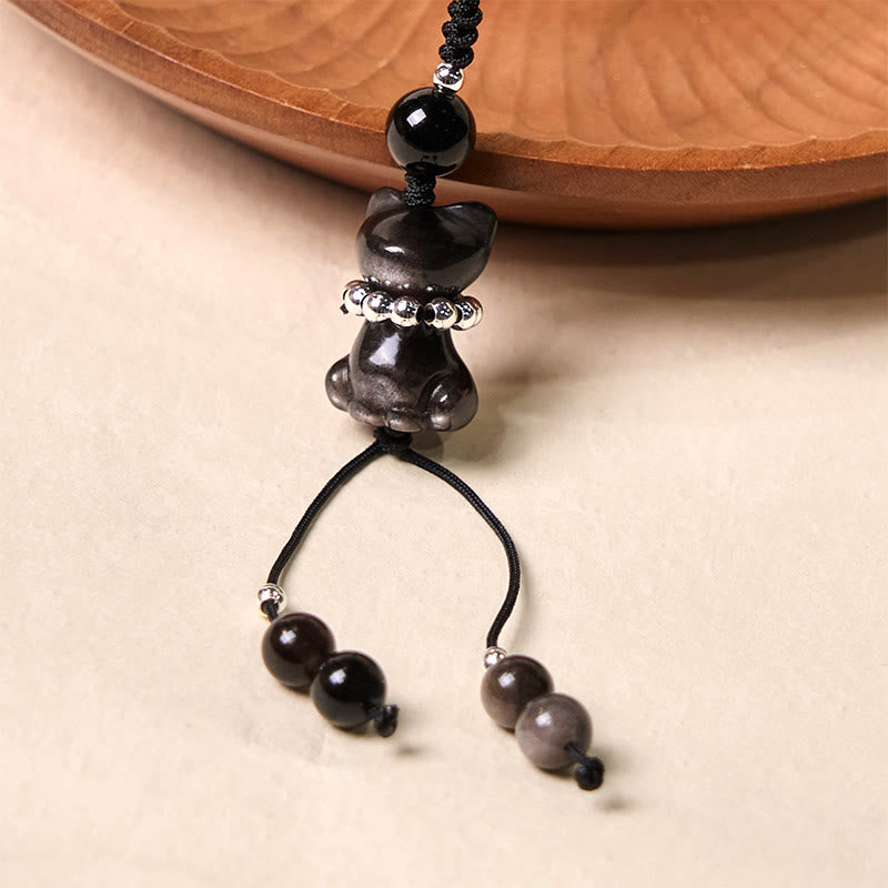 Adorno colgante para teléfono con forma de gato, obsidiana, con brillo plateado natural, de Buda, piedra, para relajarse. - Obsidiana con brillo plateado - image 1