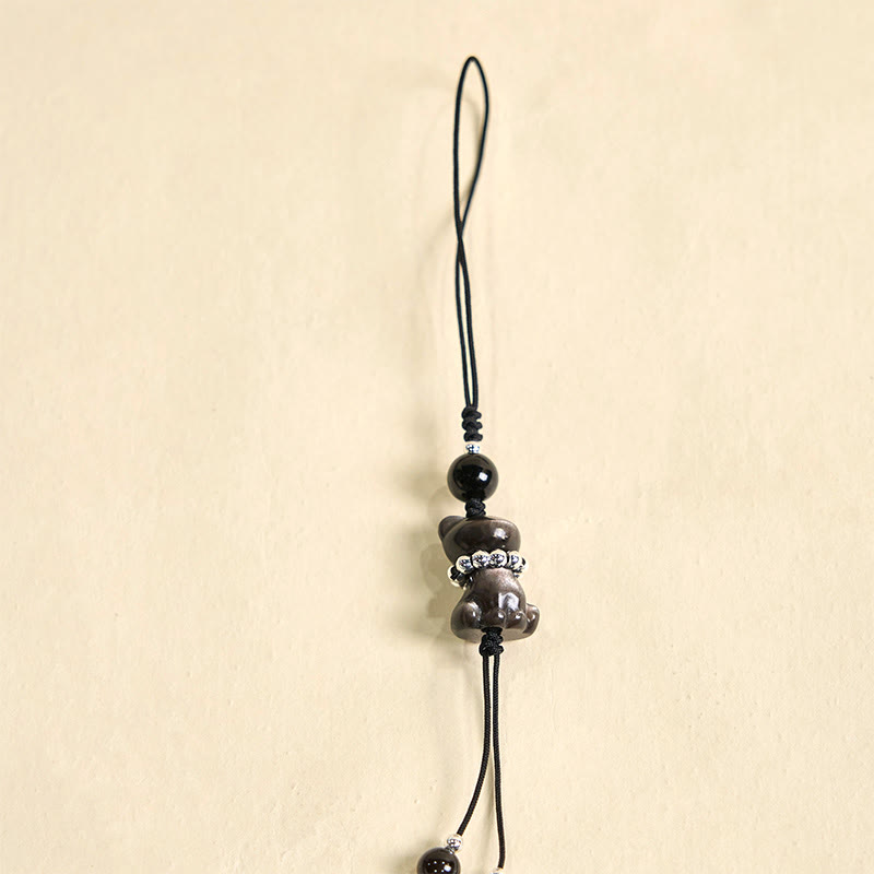 Adorno colgante para teléfono con forma de gato, obsidiana, con brillo plateado natural, de Buda, piedra, para relajarse. - image 7