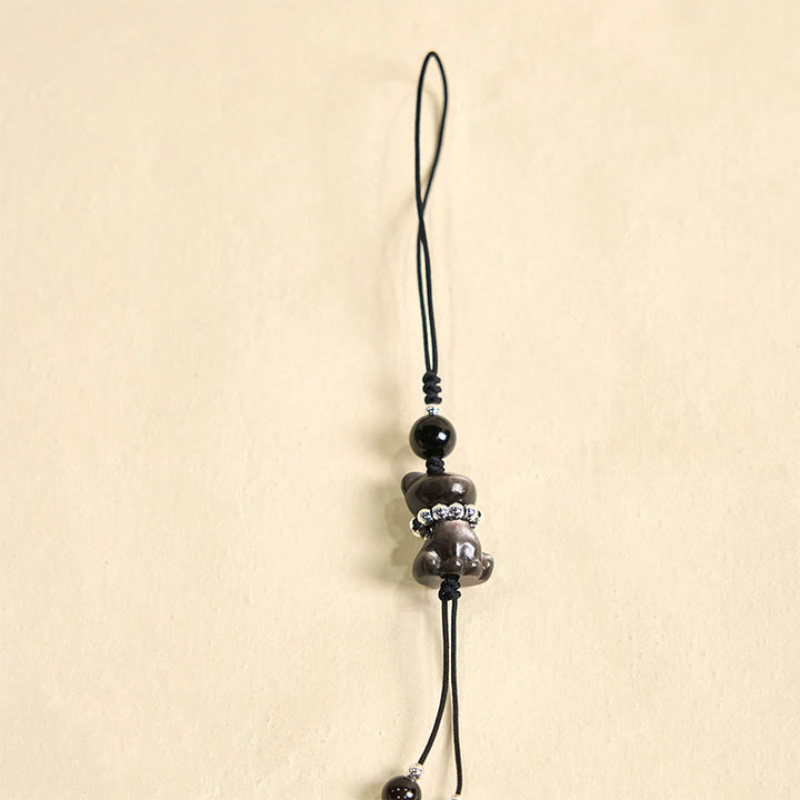Adorno colgante para teléfono con forma de gato, obsidiana, con brillo plateado natural, de Buda, piedra, para relajarse. - image 7