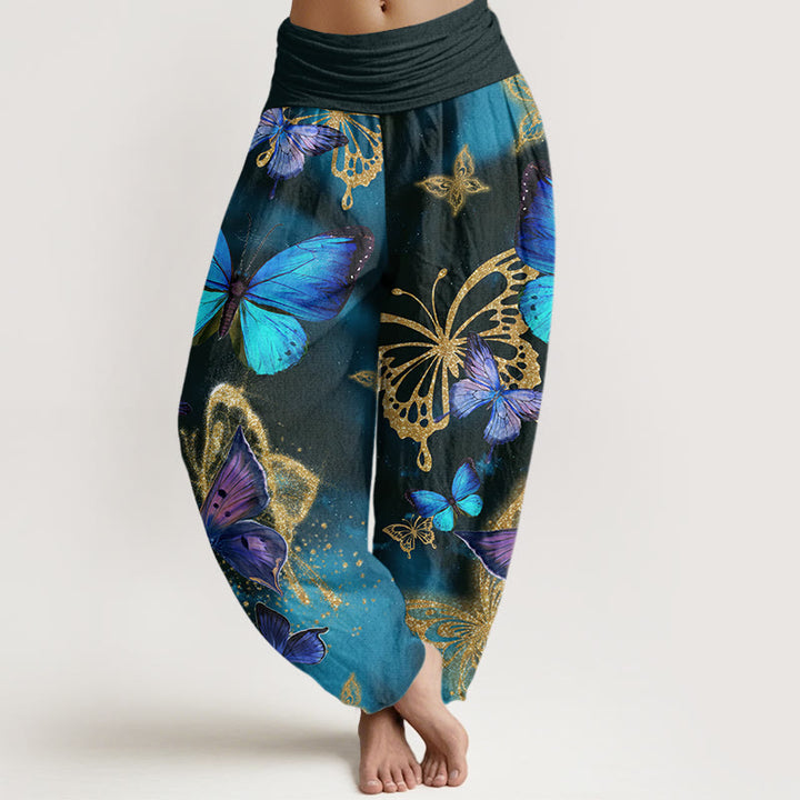 Pantalones bombachos de cintura elástica para mujer, de algodón, estilo casual, con estampado de mariposas doradas y Buddha Stones. - Gris pizarra oscuro - US22，UK/AU26，EU54 (6XL) - image 0