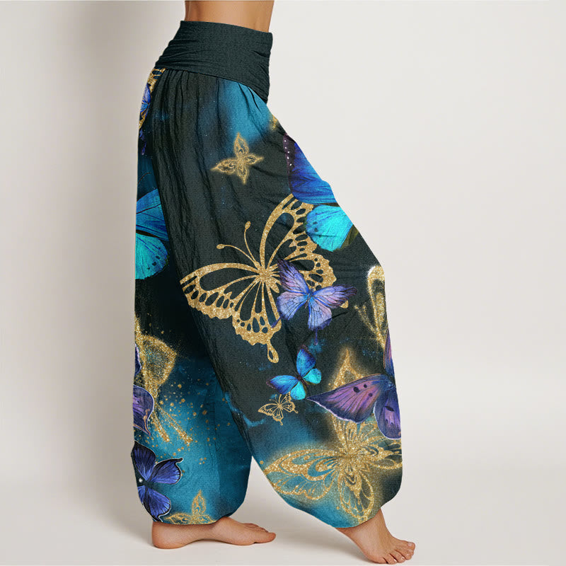 Pantalones bombachos de cintura elástica para mujer, de algodón, estilo casual, con estampado de mariposas doradas y Buddha Stones. - image 1