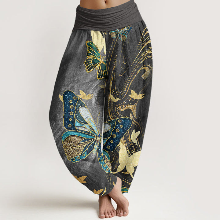 Pantalón tipo harem de cintura elástica para mujer, con estampado informal de mariposas y líneas doradas, de algodón con Buddha Stones. - Gris tenue - US22，UK/AU26，EU54 (6XL) - image 0