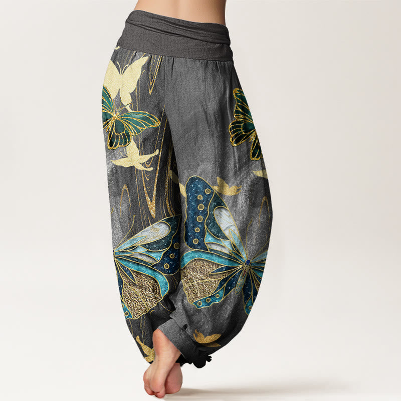 Pantalón tipo harem de cintura elástica para mujer, con estampado informal de mariposas y líneas doradas, de algodón con Buddha Stones. - image 2