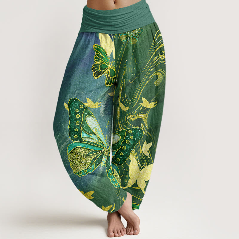Pantalón tipo harem de cintura elástica para mujer, con estampado informal de mariposas y líneas doradas, de algodón con Buddha Stones. - Azul cadete - US22，UK/AU26，EU54 (6XL) - image 4