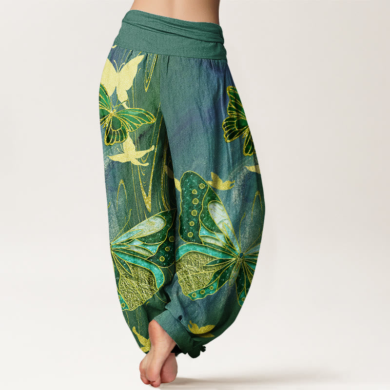 Pantalón tipo harem de cintura elástica para mujer, con estampado informal de mariposas y líneas doradas, de algodón con Buddha Stones. - image 6