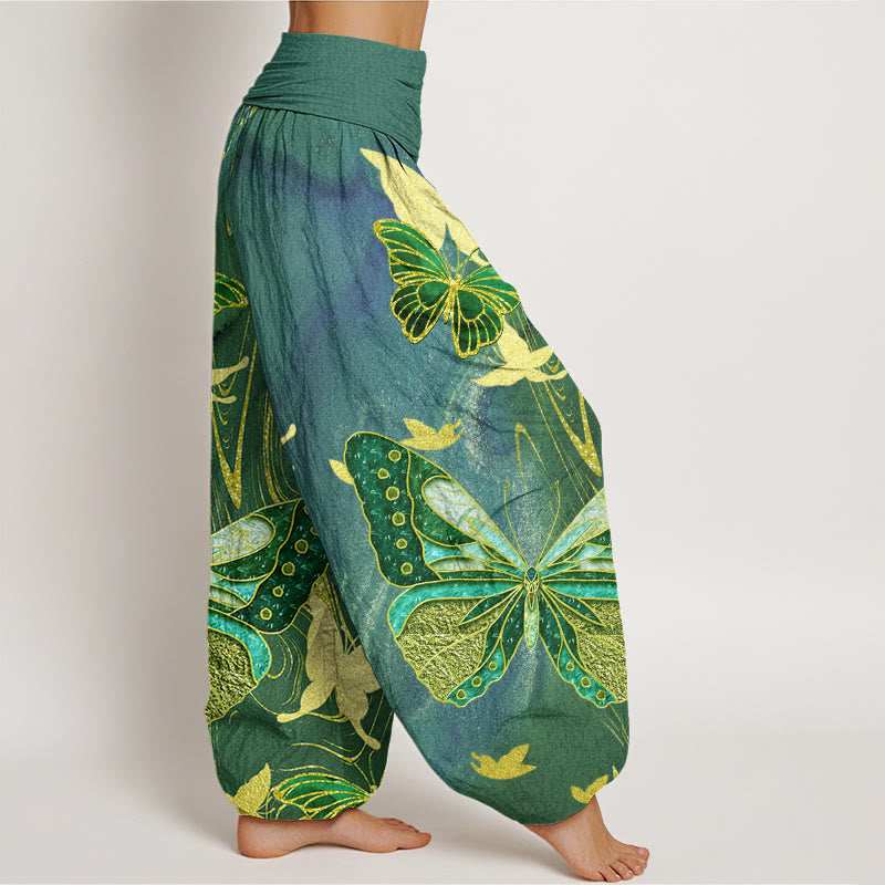 Pantalón tipo harem de cintura elástica para mujer, con estampado informal de mariposas y líneas doradas, de algodón con Buddha Stones. - image 5