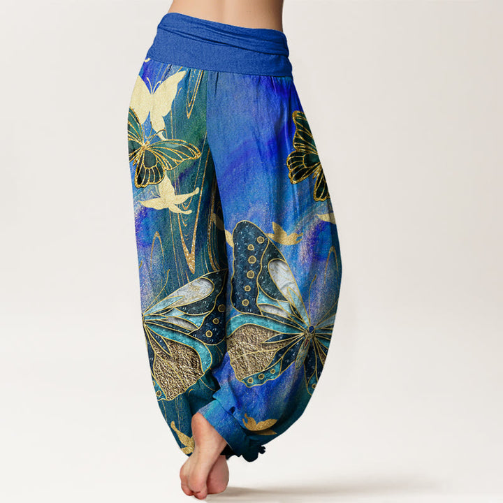 Pantalón tipo harem de cintura elástica para mujer, con estampado informal de mariposas y líneas doradas, de algodón con Buddha Stones. - image 9