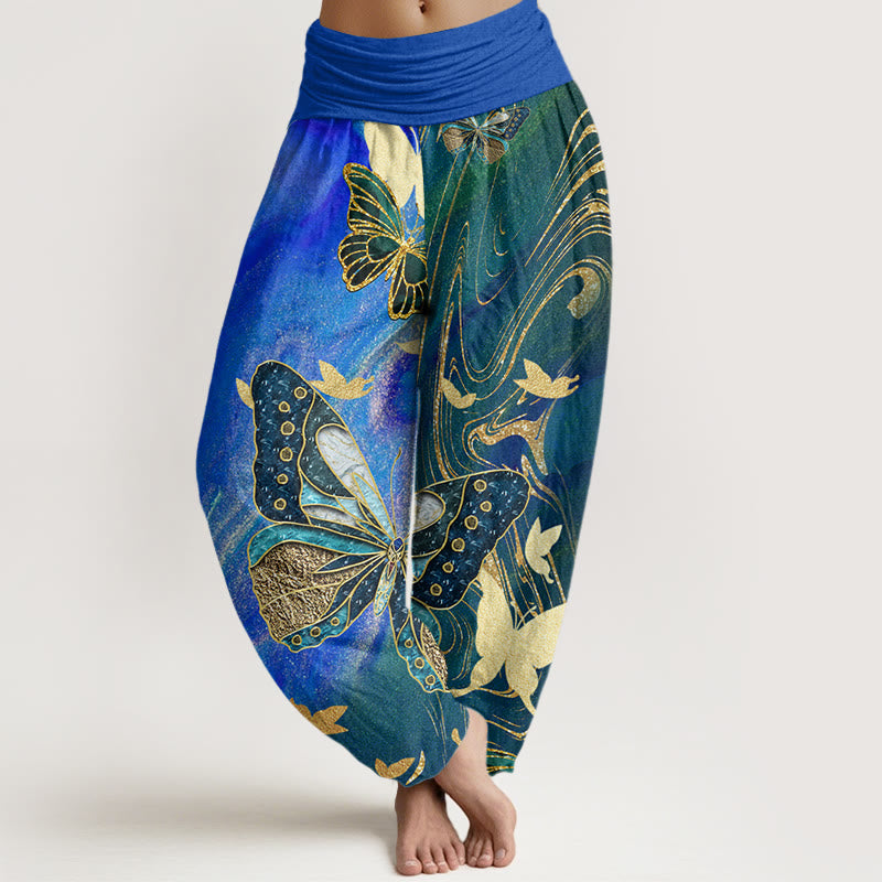 Pantalón tipo harem de cintura elástica para mujer, con estampado informal de mariposas y líneas doradas, de algodón con Buddha Stones. - Azul - US22，UK/AU26，EU54 (6XL) - image 7