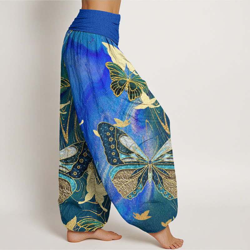 Pantalón tipo harem de cintura elástica para mujer, con estampado informal de mariposas y líneas doradas, de algodón con Buddha Stones. - image 8