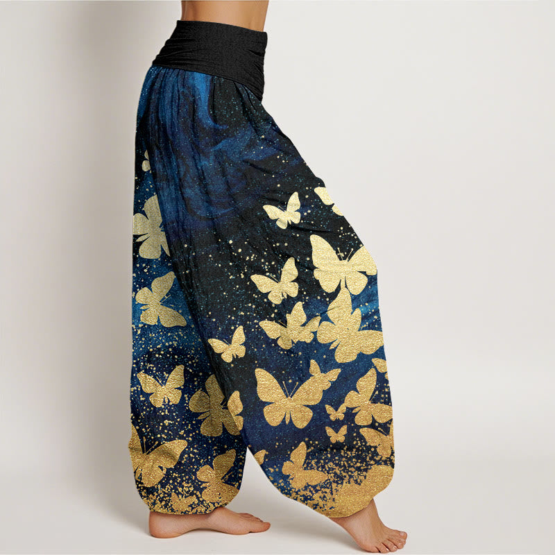 Pantalones bombachos de mujer con cintura elástica, estampado de mariposas doradas y algodón con Buddha Stones - image 1