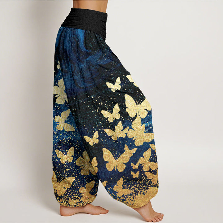 Pantalones bombachos de mujer con cintura elástica, estampado de mariposas doradas y algodón con Buddha Stones - image 1