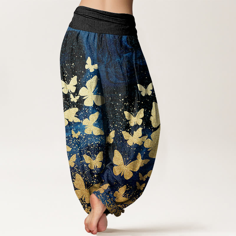 Pantalones bombachos de mujer con cintura elástica, estampado de mariposas doradas y algodón con Buddha Stones - image 2