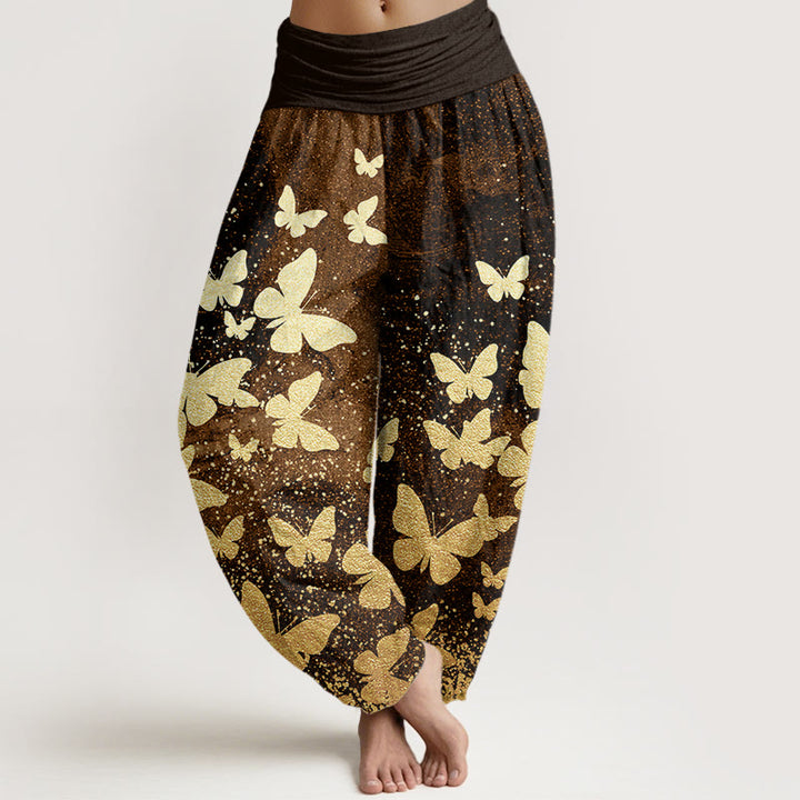 Pantalones bombachos de mujer con cintura elástica, estampado de mariposas doradas y algodón con Buddha Stones - Marrón silla de montar - US22，UK/AU26，EU54 (6XL) - image 4