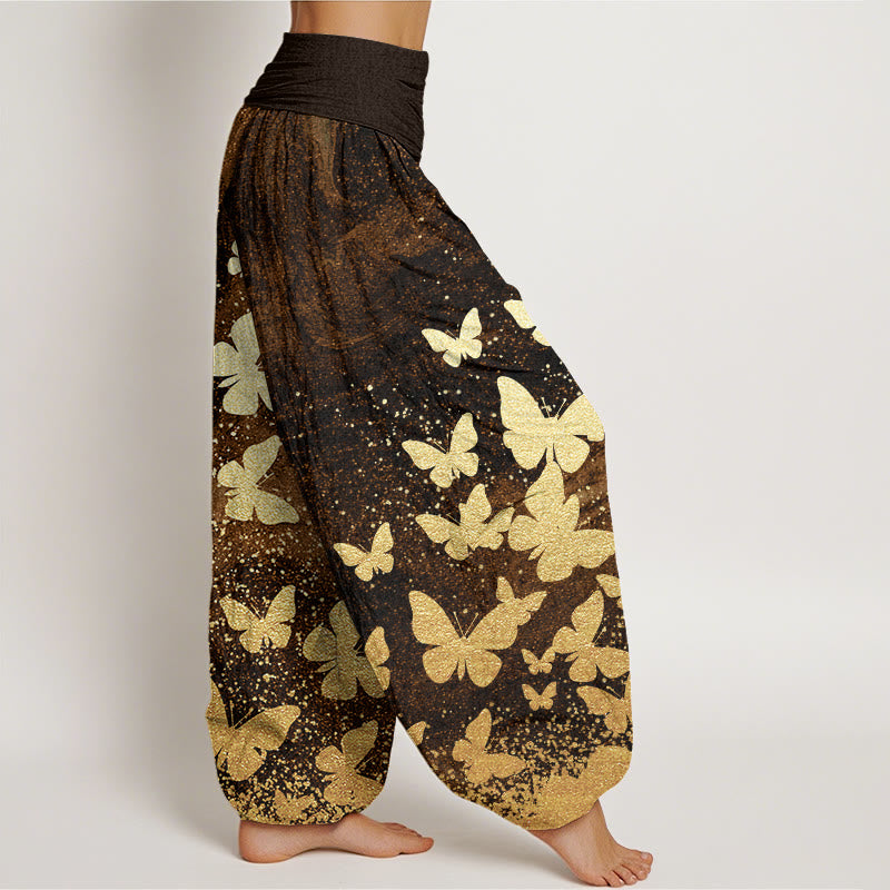 Pantalones bombachos de mujer con cintura elástica, estampado de mariposas doradas y algodón con Buddha Stones - image 5